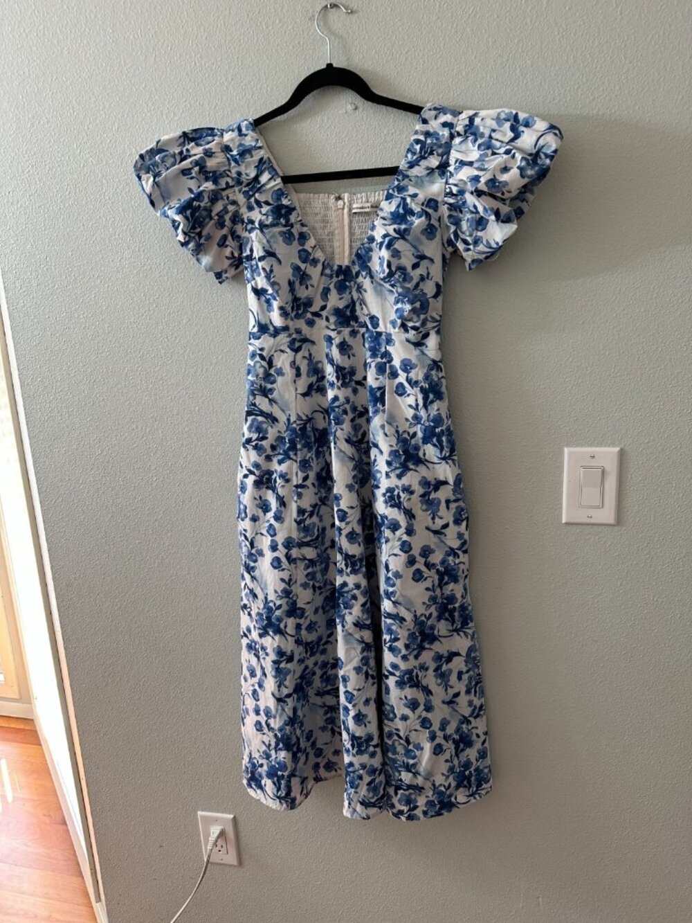 Abercrombie & Fitch Blue White Puff Sleeve Midi Dress Small Petite SP Poplin